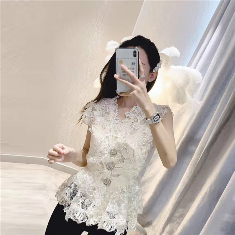 

High Street Blouses of Women's Luxury Diamonds Sleeveless Buttons 2021 Will See Sexy Perspective Shirts Elegant Lady Ruffle Tops Waod, Beige