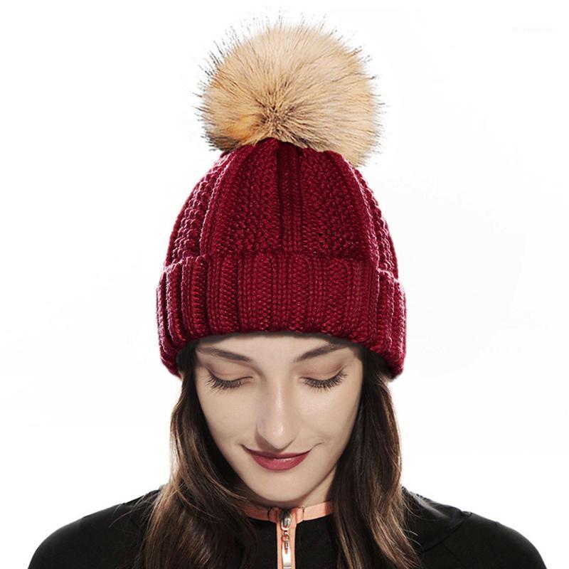 

Womens Winter Knitted Beanie Hat with Faux Fur Pom Warm Knit Skull Cap Beanie for Women 15 Colors1, C13