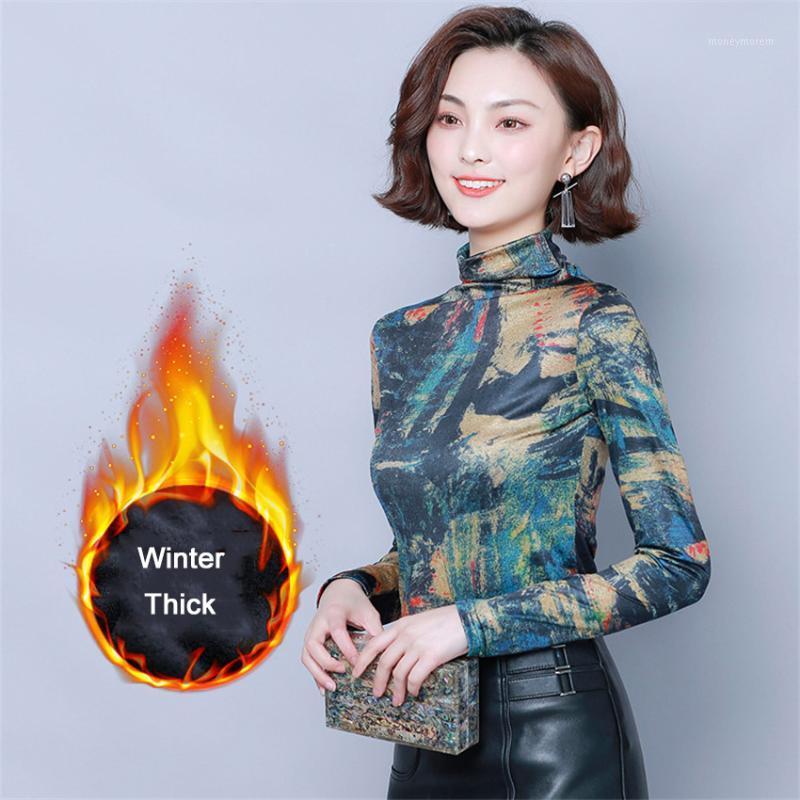 

Autumn Winter Basic Undershirt Long Sleeve Floral Print T Shirt Women High Neck Vintage Slim Fit T-Shirt Female Plus Size Tops1, Red floral thin