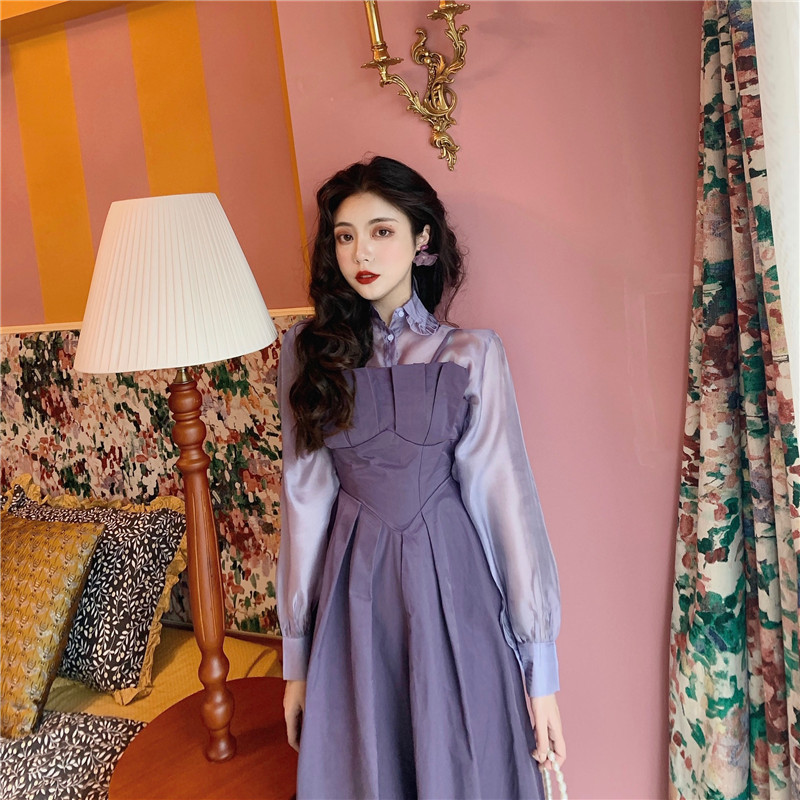 

2021 New Female Portrait 2 Piece Sheer Korean Fashion Shirt Dress Two Violet Suit Corset High Waist Clothing Purple Party Clothes X0LS, Only shirt