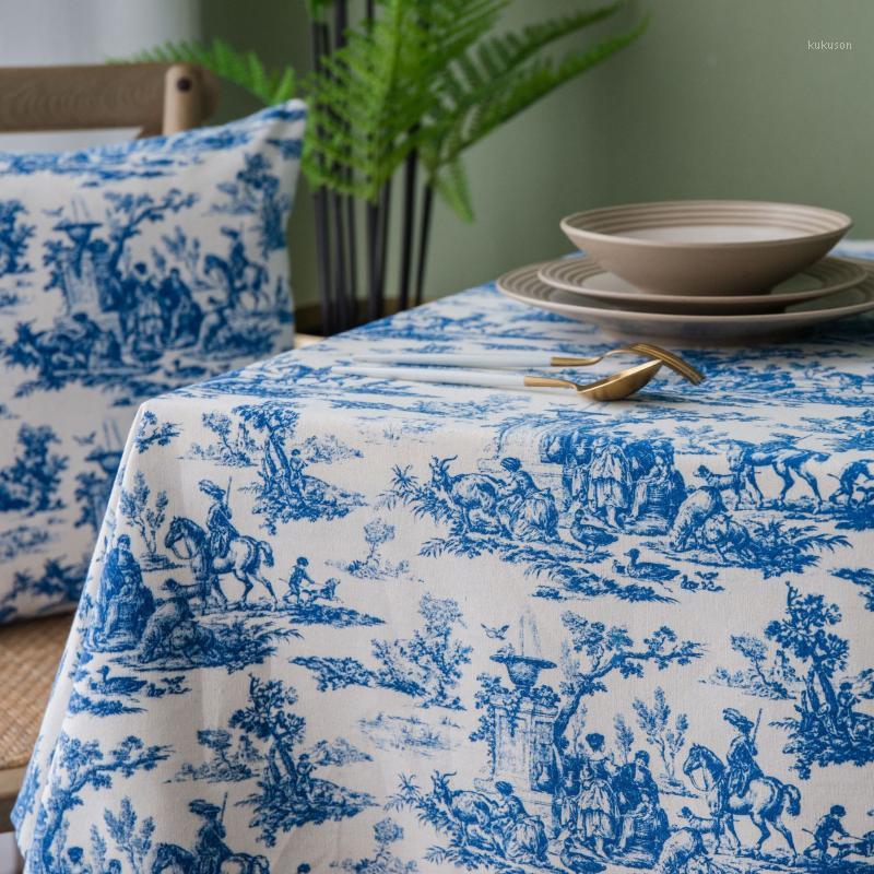 

Retro Blue Decorative Table Cloth Rectangular Tablecloths Dining Table Cover Kitchen Obrus Mantel Mesa Home Decor Cushion Cover1, As picture