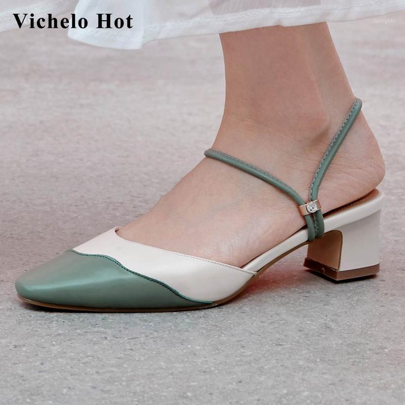 

Vichelo Hot 2020 mixed colors full grain leather handmade high quality square toe med heel beauty lady fashion sandals women L061, Green