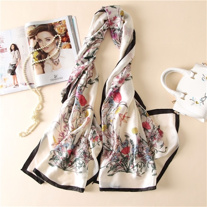 

Fashion Scarf Women New Designer Pure Foulard Blue Florals Pashmina Wraps Ladies Silk Shawls Scarves SFN216 Y201007