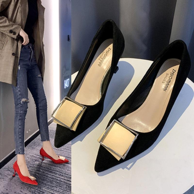 

2021 autumn new single shoes temperament buckle high heels cat with shallow mouth suede pointed shoes, As pic