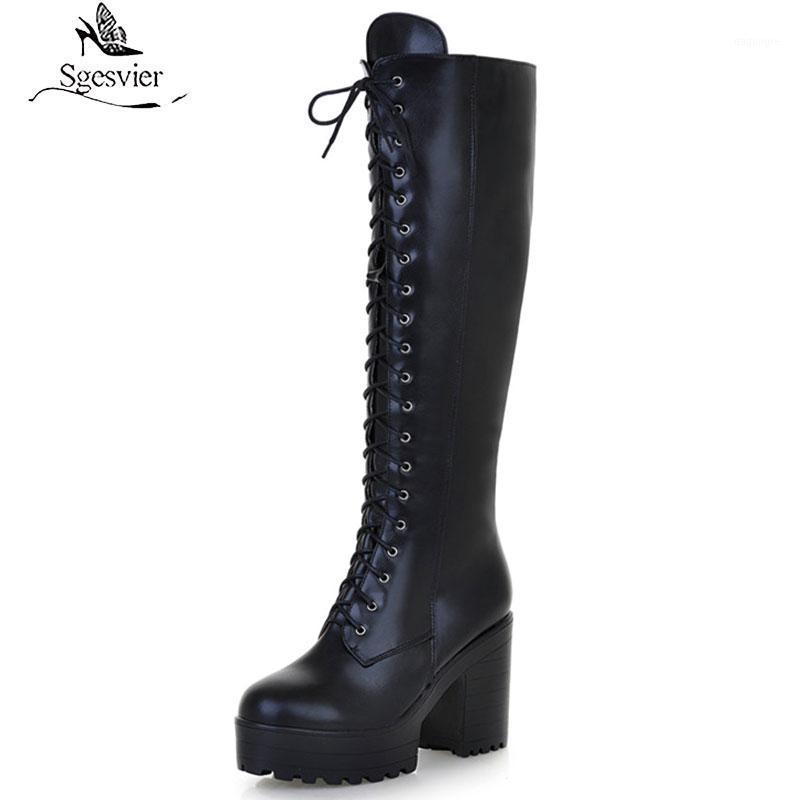 

Sgesvier 2020 new big size knee high boots women square high heels platform ladies boots lace up autumn winter female1, Black