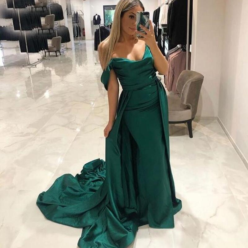 

Arabic Dubai Off Shoulder Satin Long Mermaid Evening Dresses 2021 Sweep Train Sweetheart Formal Prom Party Gowns, Silver