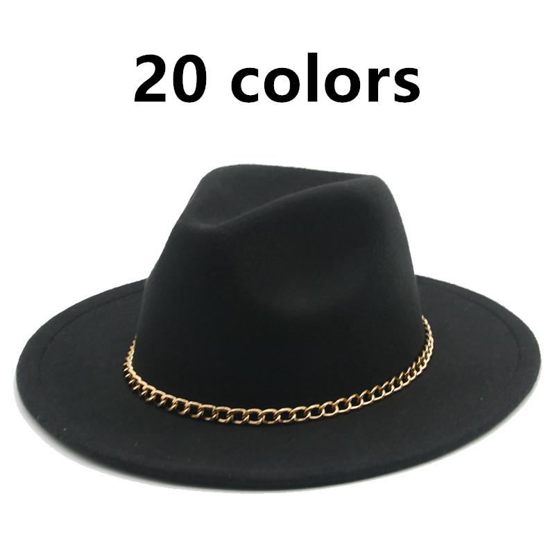 

Wide Brim Hats Women Gold Chain Classic Wool Felt Wedding Pink Western Cowboy Hat Black White Fedora Winter, Rose red