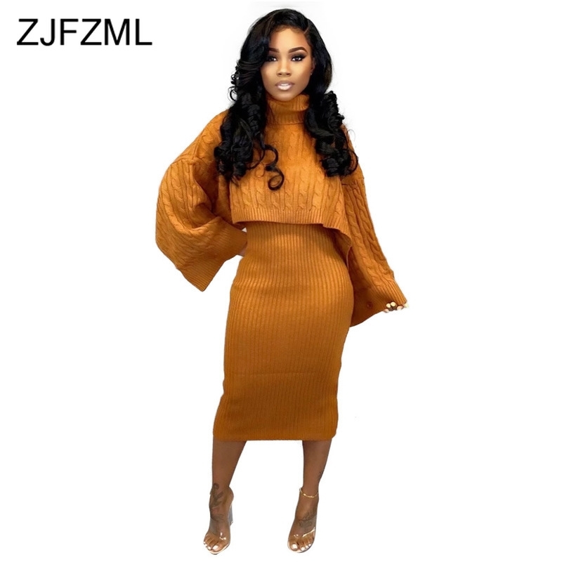 

Autumn Winter Knitted Sweater Two Piece Set Turtleneck Long Sleeve Loose Crop Top + Bandage Midi Tank Dress Plus Size Tracksuit, White