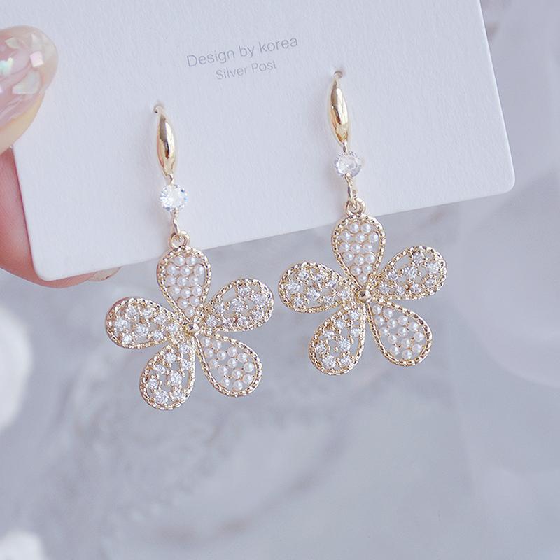 

Stud Korean Fashion 14k Real Gold Flower Earrings For Women Micro Inlaid Zircon Pearl Earring Wedding Engagement Bridal Jewelry