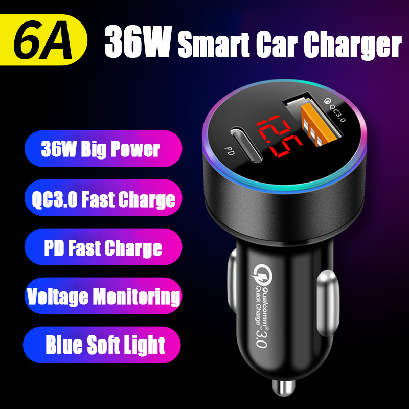 

36W PD Car Charger Dual USB Fast Charger for iPhone 8 X 11 SE Pro QC 3.0 Fast Charging USB Phone Charger