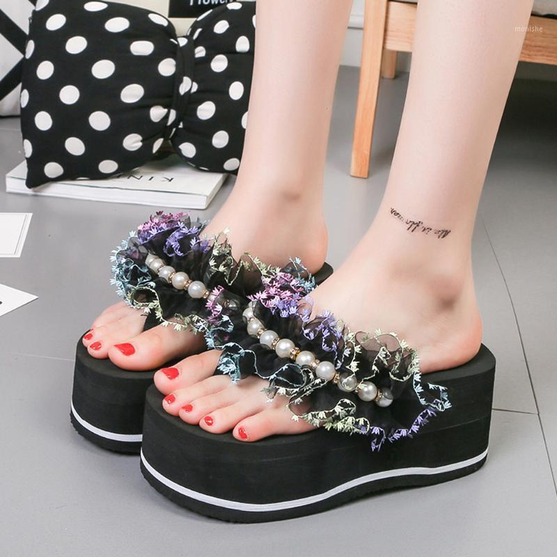 

2020 Hot Beauty Womens tassel Flower Flip-Flops Wedges Breathable Indoor Flats Open Toe Shoes Casual Slippers Tongues Femme L*51, White