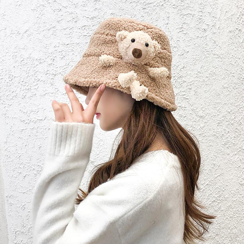

Bear Imitation Lamb Hair Fisherman Hat Autumn Winter New Hat Female Korean Version Wild Cute Plush Student Warm Basin Tide, Khaki