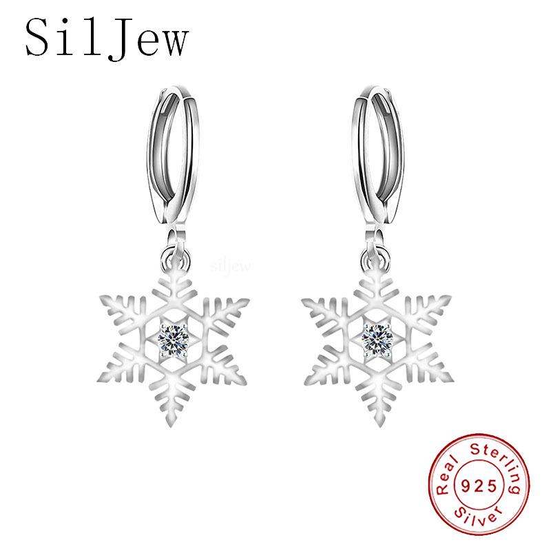 

SilJew Women Authentic Fashion 925 Sterling Silver Snowflake Dangle Hoop Earrings Girls Crystal Earrings Jewelry Moda Bijoux