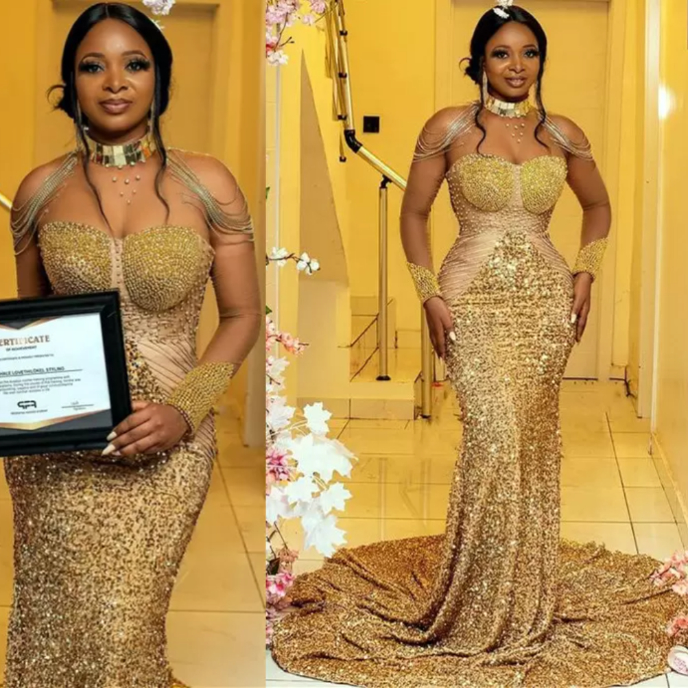 

2022 New Plus Size Arabic Aso Ebi Gold Luxurious Mermaid Prom Dresses Sheer Neck Beaded Sequined Evening Formal Party Second Reception Gowns Dress ZJ446, Ivory