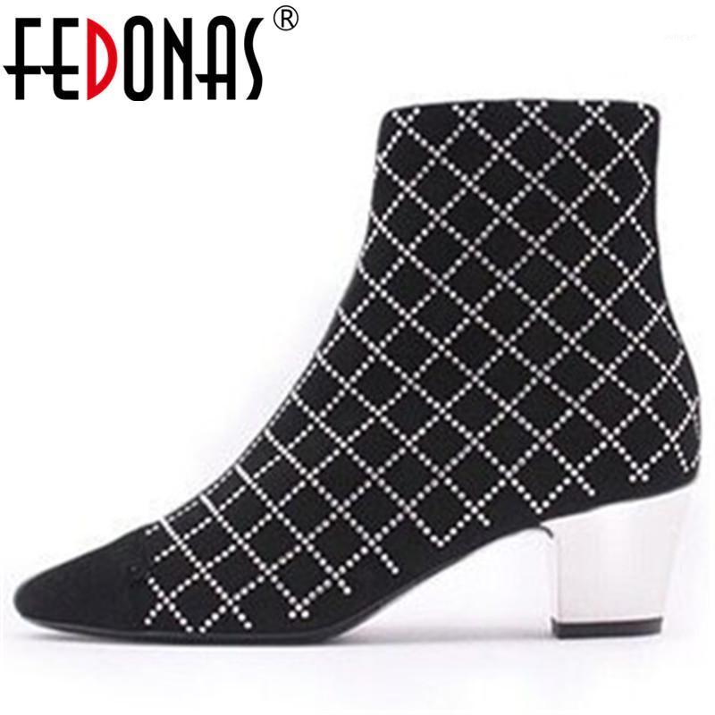 

FEDONAS Rhinestone Women Autumn Winter Side Zipper Short Boots Women Party Basic Shoes Woman Suede Leather Concise Ankle Boots1, Black
