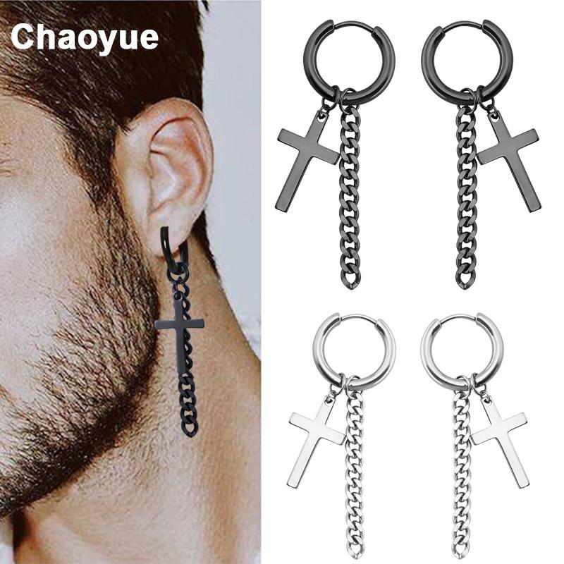 

Link Chain Earrings for Men Hoops Piercing Black Dangle Earrings Stainless Steel Tassel Long Male Punk Jewelry
