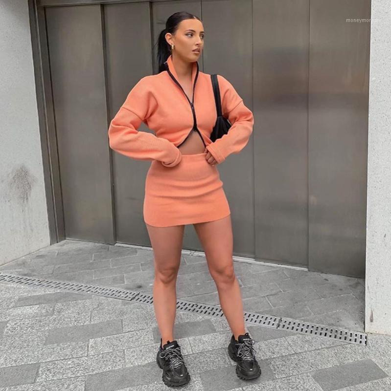 

Fashion Two Piece Outfits 2020 Autumn Women Zipper Top Mini Skirt Knitted Clothing Set Women Suit Set Outfits Ensemble Femme1, As photo shows