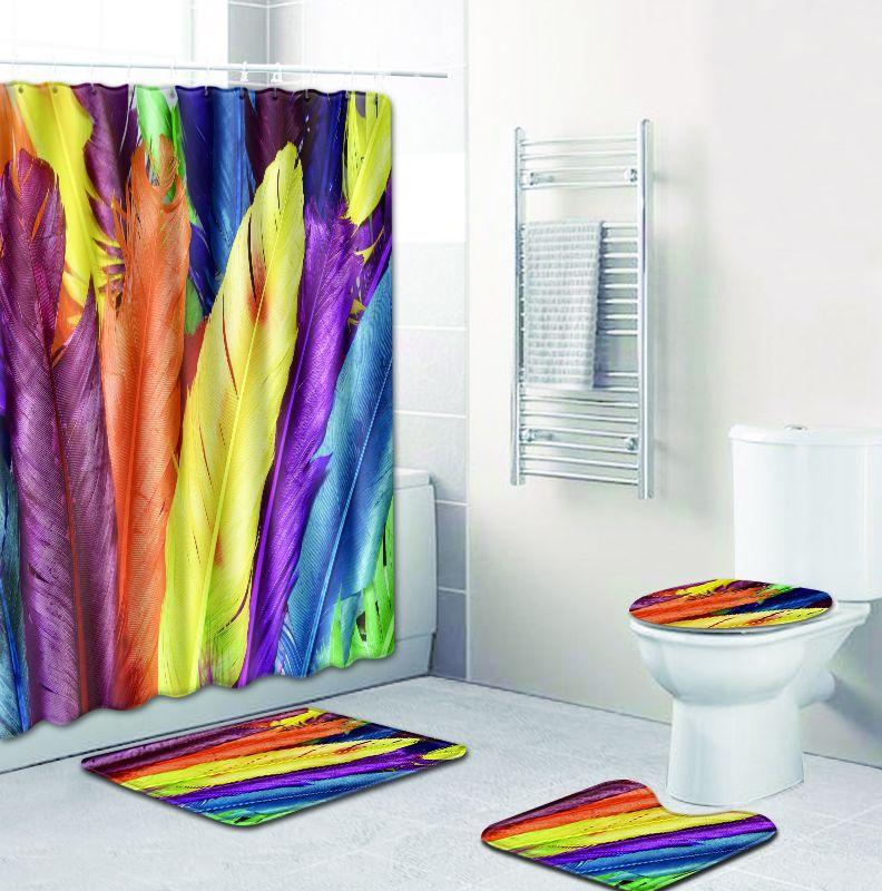 

ONGLYP 4pcs Shower Curtain Set 3D Color Feather Bathroom Curtains with Hooks Non Slip Bath Mat Toilet Cover Rugs Mat Home Decor