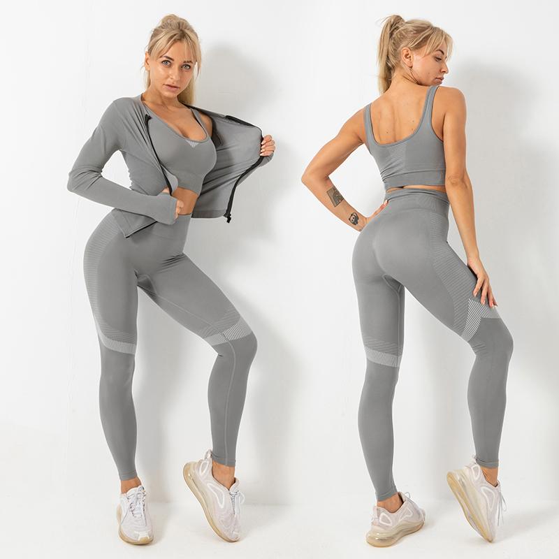 

2/3PC Seamless Women Sportswear Yog Set Workout Clothes Athletic Wear Sports Gym Leggings Fitness Bra Top Long Sleeve Yoga Suit, Pants black