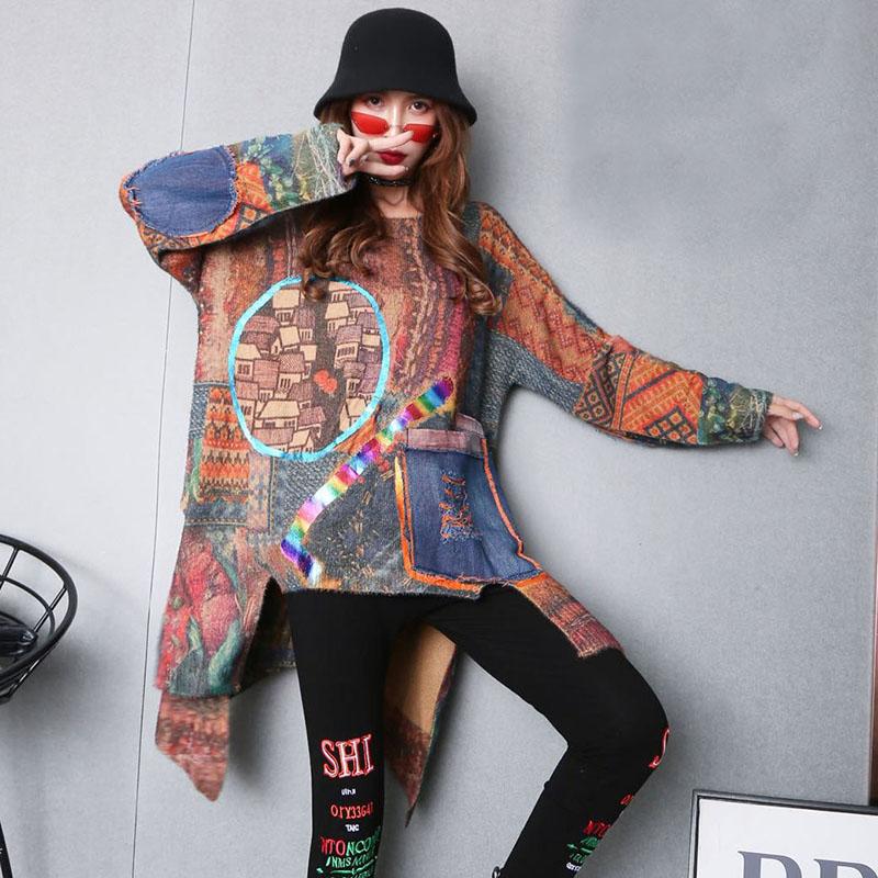 

Winter New Fashion Pullover Sweater Irregular Hem Oversized Print Imitated Mink Wool Retro Female Warm All-match Loose Sweater, Blue