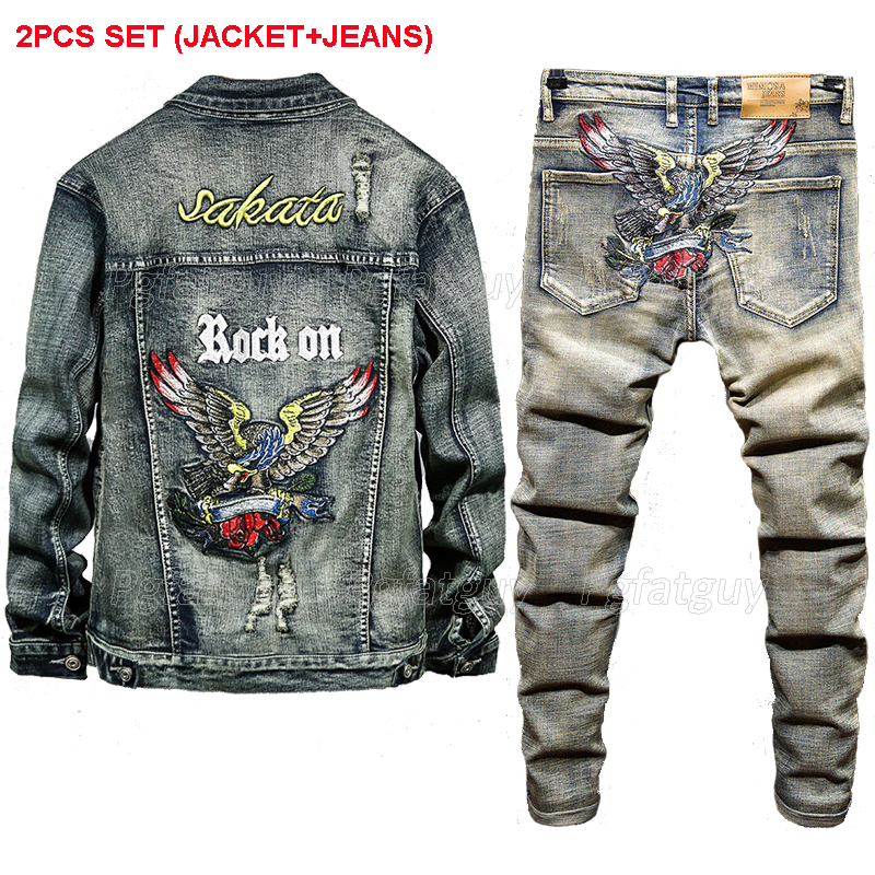 

New Men Retro Blue Sets Autumn and Winter Embroidered Eagle Hole Distressed Denim Jacket + Stretch Jeans Mens Clothing 2 Pieces Set, Gray