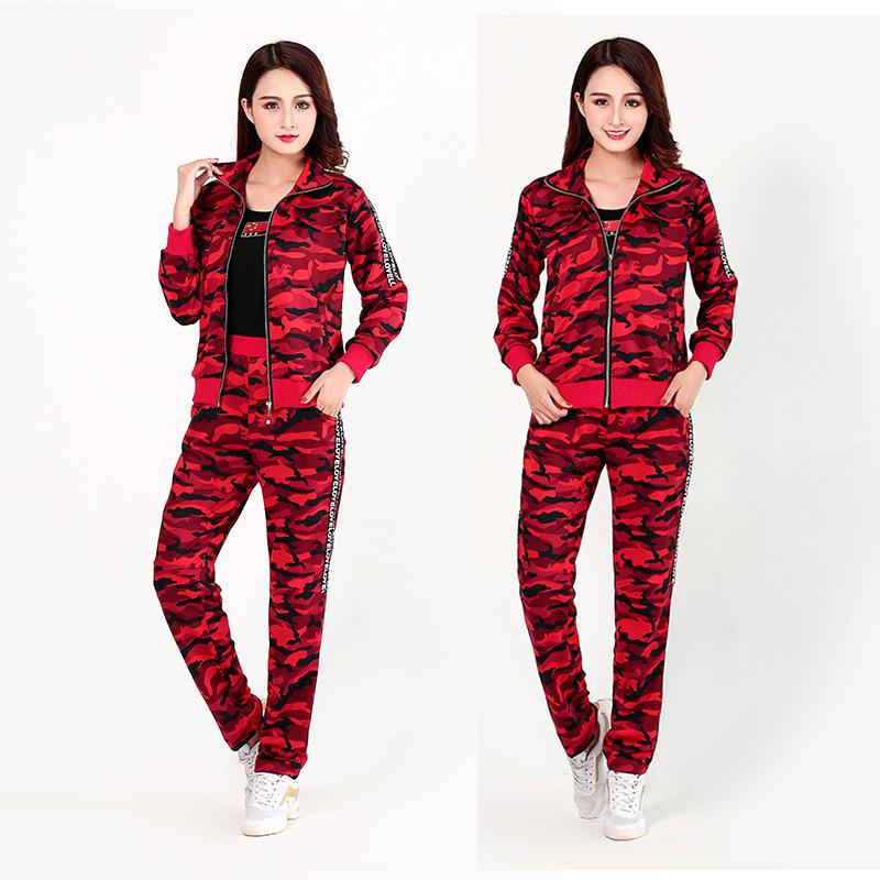 

2020 Spring Autumn Women's Tracksuits Casual Pantsuit 2piece Set Printing Short Sleeve Tops Fashion Sportswear Calf-Length Pants, Army green