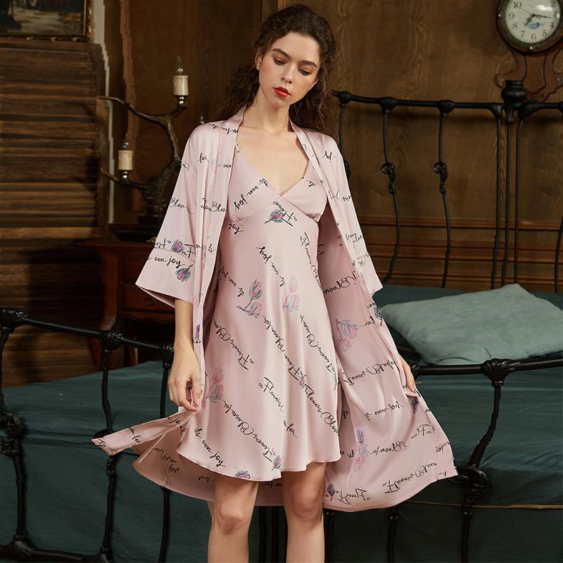 

Pink Sweet Kimono Robe Gown Set Young Lady Letter Flower Print Bathrobe Casual Ice Silk Sleepwear Autumn Sexy V-Neck Nightgown