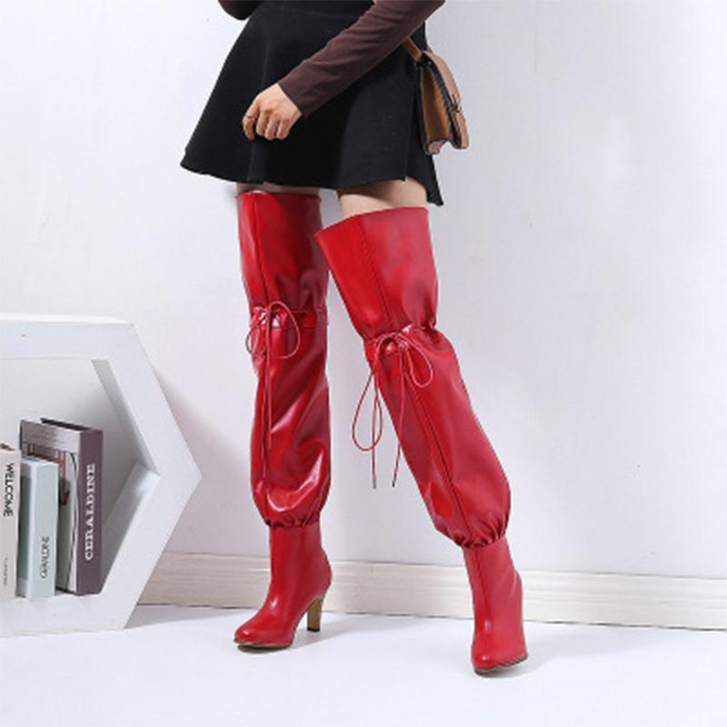 

Over The Knee High Boots For Women Women's Pleated PU Leather Boots Female High Square Heel Female Autumn Winter Footwear1, Red