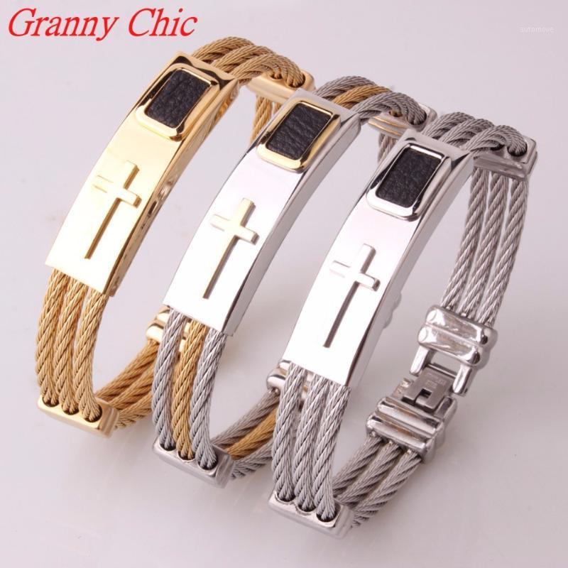 

Granny Chic Male Cross Cable Bangles Twisted Silver Gold color Stainless Steel Jesus Cross Charm Cuff Wire Bracelets Jewelry1