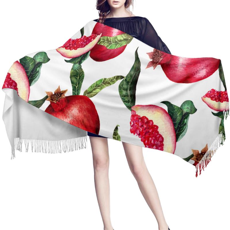 

Women Cashmere Scarf Autumn Winter Hijab Wrap Summer Fruit Red Pomegranate Green Leaf Printed Shawls Headband Ladies Scarves