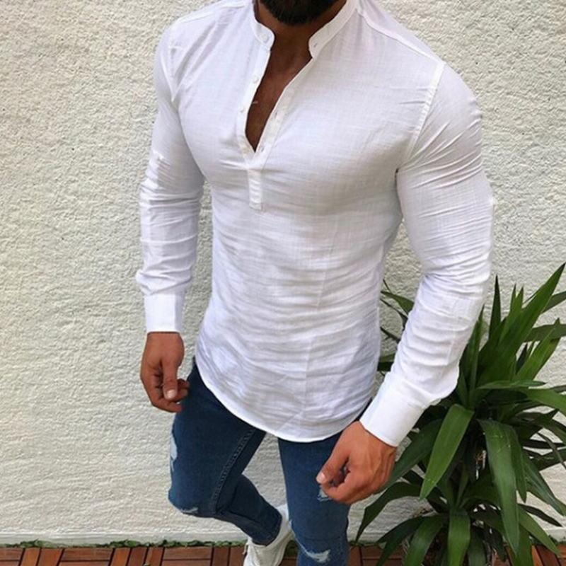 

2020 Sexy New Men Long Sleeve Shirt Summer Fashion Casual Cool Clothing Slim Fit Tees Tops Male Breathable Linen Shirt, Black