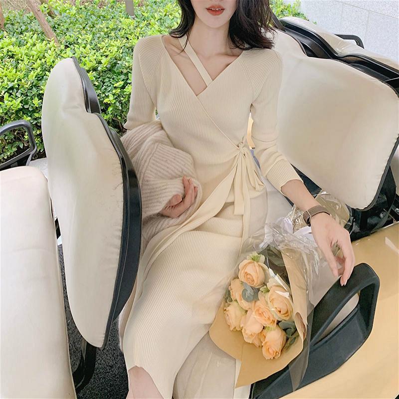 

Winter Sweater Dress Women Designer V-Neck Midi Office Dress Long Sleeve Lace-Up French Party Knitted Korean 2021 Autumn, Black