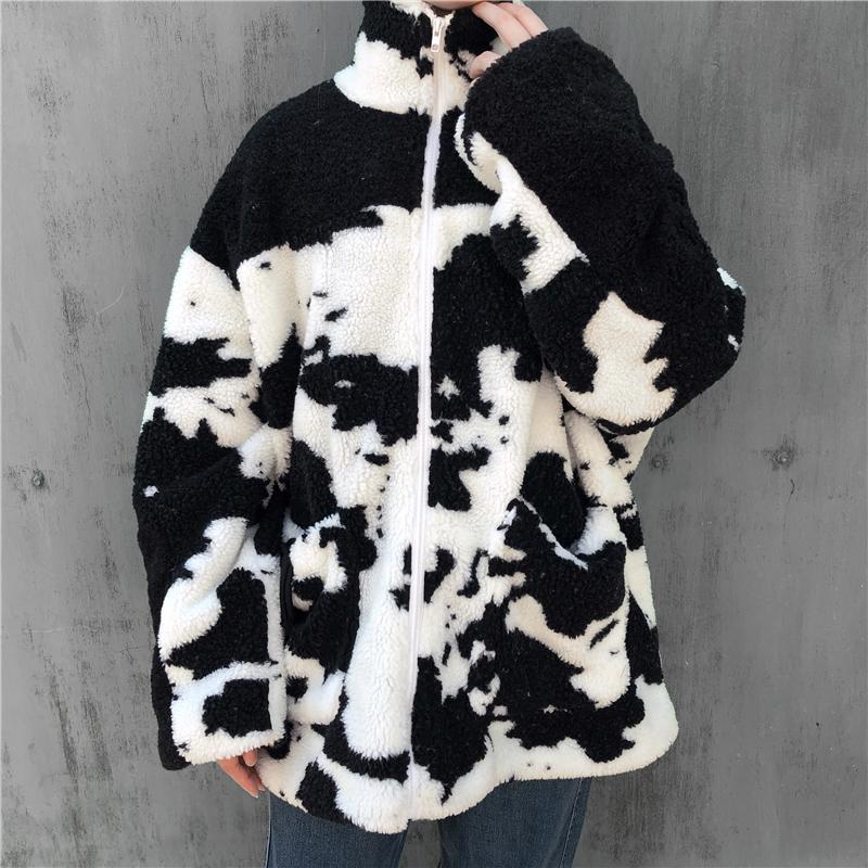 

Harajuku Large Size Zip Up Lambswool Coat For Women 2020 Winter New Streetwear Cow Print Warm Cashmere Lambswool Baseball Jacket, Black