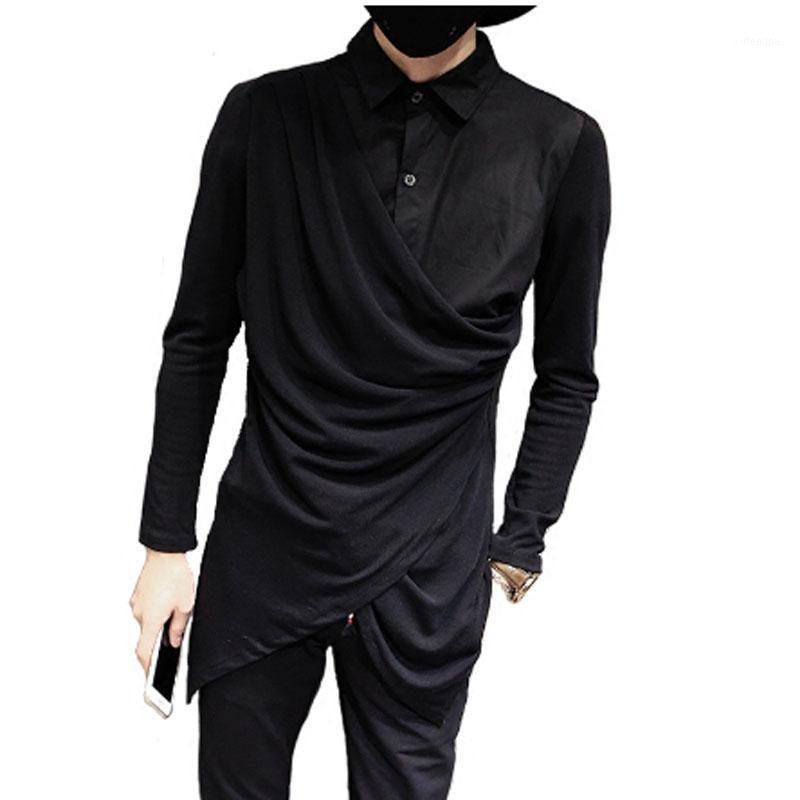 

Men' Casual Shirts Nightclub DJ Singer Stage Costume Hip Hop Punk Men Shirt Irregular Design Knit Patchwork Blouse Fake Two Piece Gothic Sh, Black