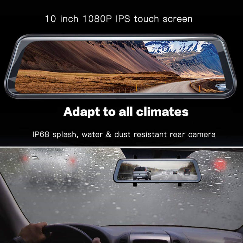 

10 IPS touch screen car DVR stream media mirror rearview dash camera 2Ch dual lens front 170rear 145 wide angle FHD 1080P