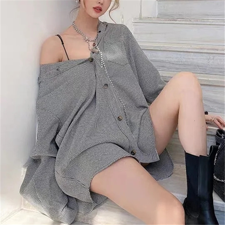 

2021 New 907 Bloggers Euramerican Fashion Female Plover Case Loose Boyfriend Wind Lapel Long Sleeve Shirt Wet Aoos, Gray