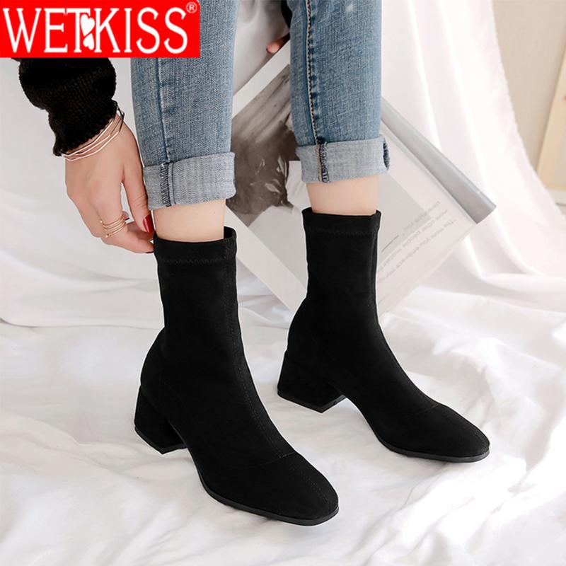 

WETKISS Stretch Flock Sock Boots Elastic Women Ankle Booties Solid Square Toe Chunky Heels Slim Ladies Suede Winter Boots 2021, Black