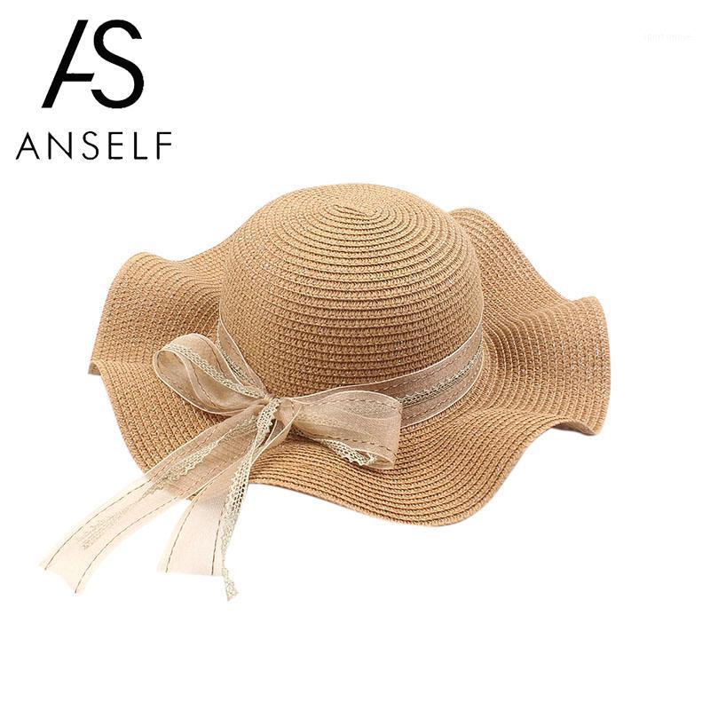 

2020 Summer Sun Hat Women Straw Hat Ruffled Wide Brim Elegant Lace Ribbon Bow Dome Floppy Panama Vintage Boho Beach Holiday Cap1, Khaki