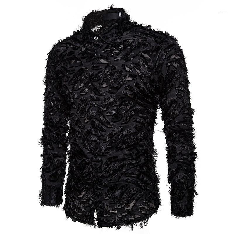 

Men's Casual Shirts Black Feather Lace Shirt Men Fashion See Through Clubwear Dress Mens Event Party Prom Transparent Chemise S-3XL1, White