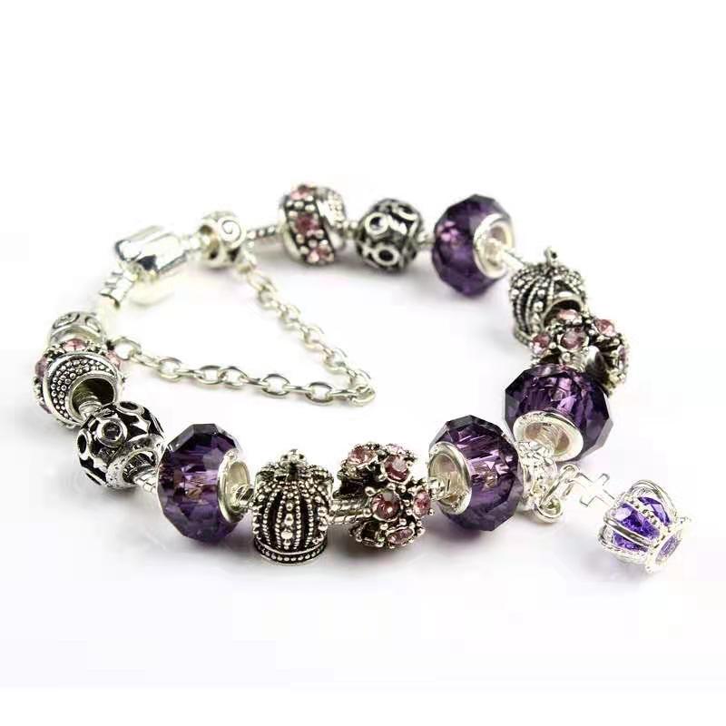 18 -21CM Charm Bracelet 925 Silver snake chain Royal Crown Accessories Purple Crystal Bead Diy wedding Jewelry with box as valentine gift