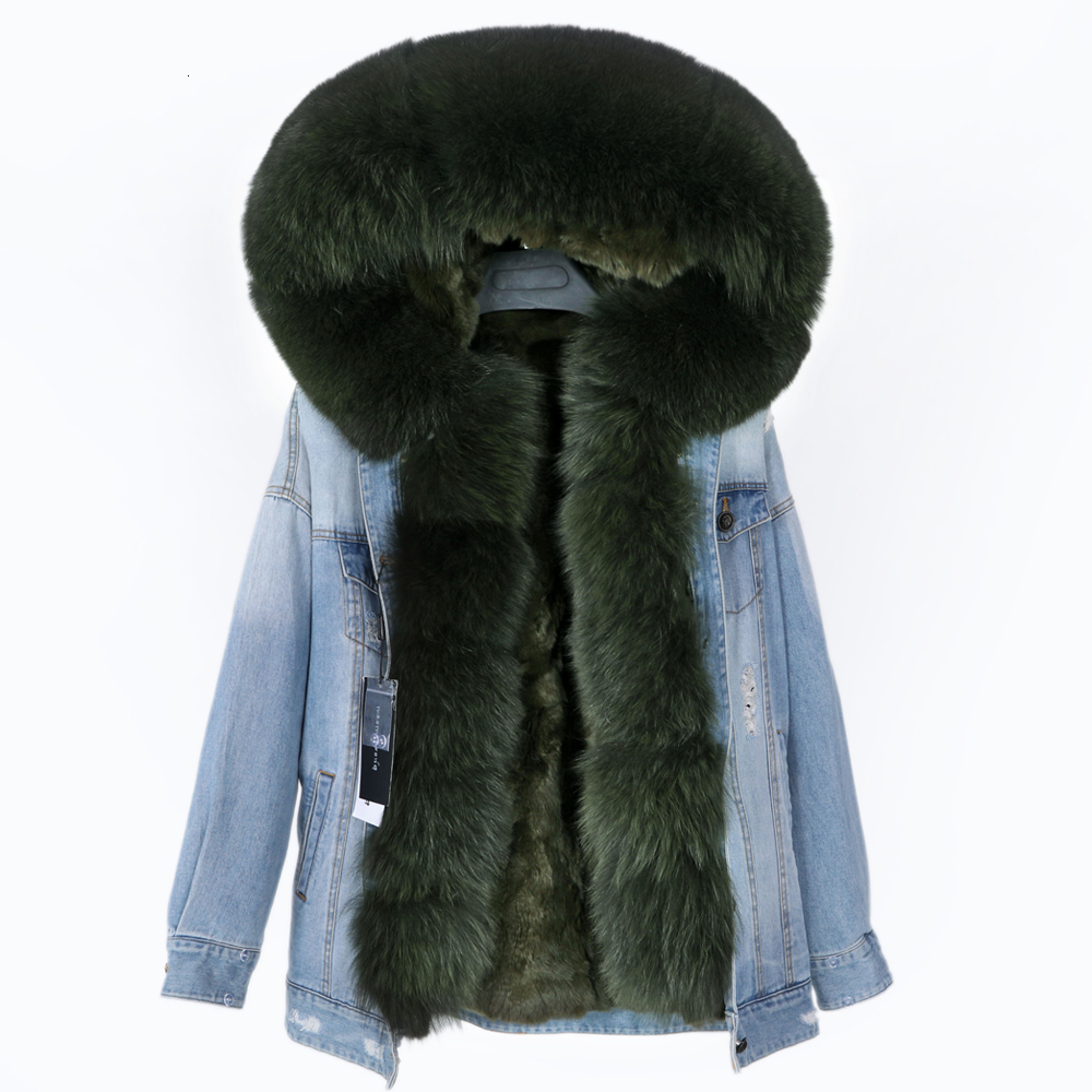 

2021 New Royal Coat Large Natural Fox Winter Fur Lining Rabbit Skin Detachable Jacket Jeans YBWX, Pink