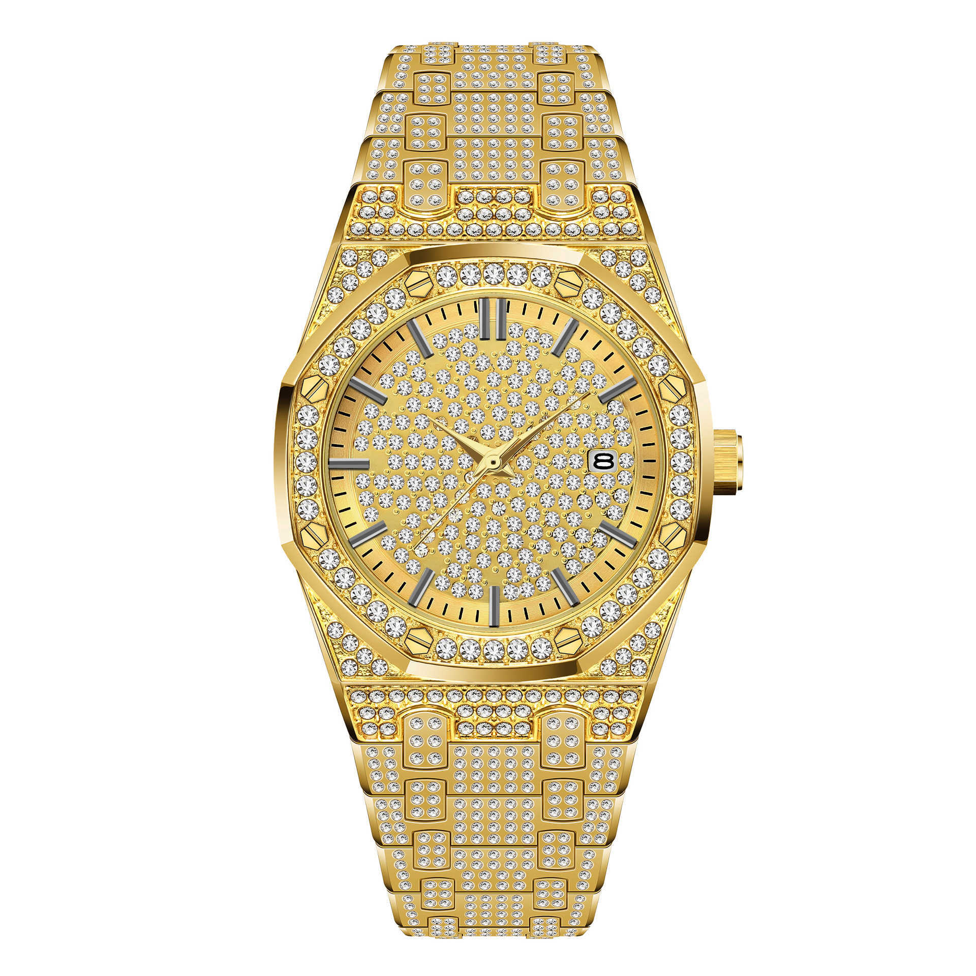 

Miss Fox new hip hop calendar all over the sky star Liuding diamond inlaid large dial waterproof men's Watch Bracelet, Gold