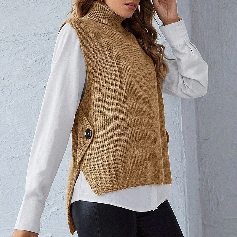 women's Vest Knitted Button Solid Color Stylish Casual Sleeveless Regular Fit Sweater Cardigans Turtleneck Fall Winter Blue Purple Blushing-image-756088988