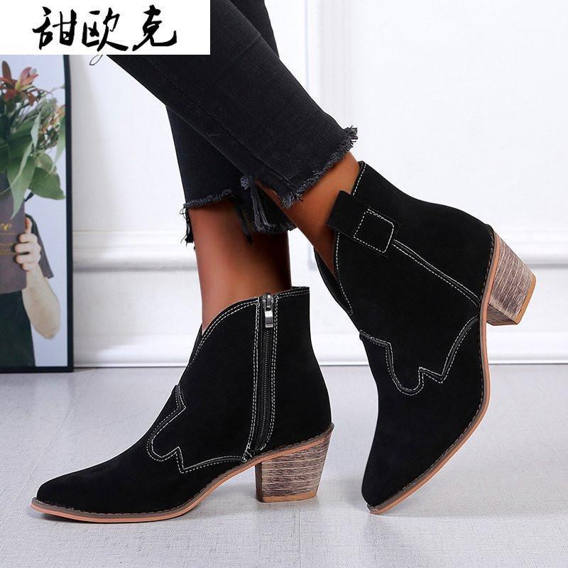 

2020 New Winter Women's Boots Fashion Square Heel Zipper Suede Boots Pointed Toe Mid-heel Women's Ankle Zapatos De Mujer1, Green
