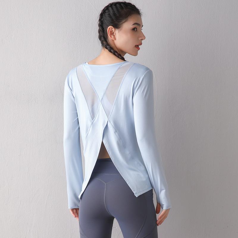

Sexy Sports Shirt Tops Gym Women Long Sleeve Hollow Out Back Mesh Fitness Yoga Shirts Loose Activewear Training Running T-Shirts, Black