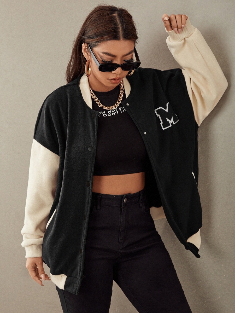 

Plus Letter Patched Color Block Drop Shoulder Bomber Jacket N8W6#, Black