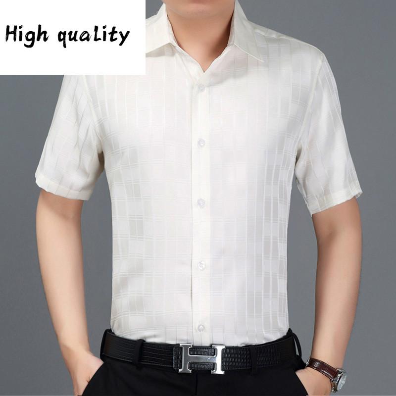 

2010 Summer New Short Sleeve Plaid 100% Silk Shirt Men Formal Shirts Social White Camisa Masculina 3202 KJ1239, Gray