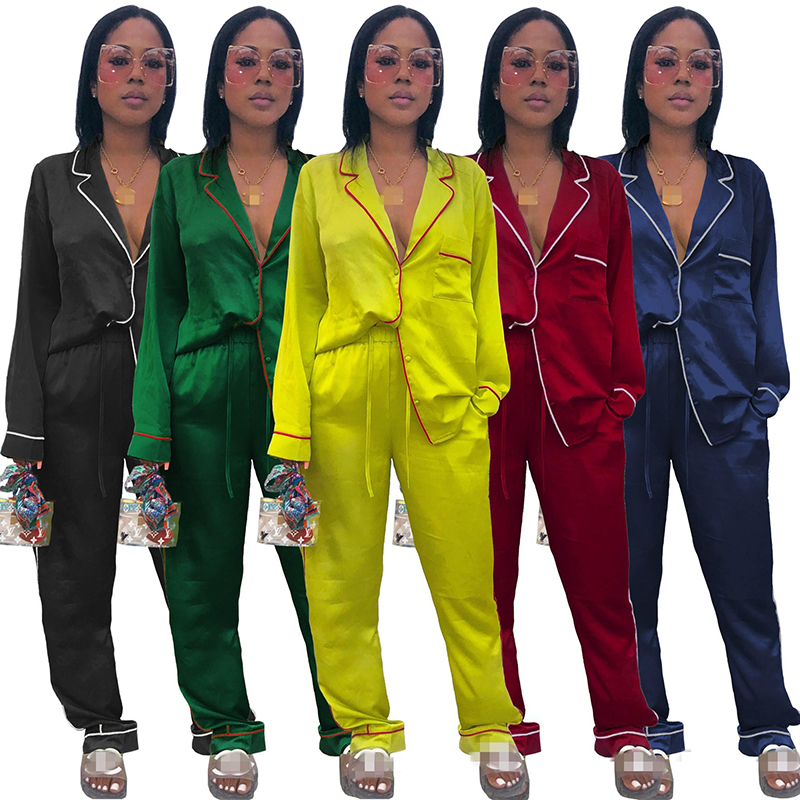 

Newest Hot Salle Soft Silk Women Two Piece Pants Sets for Stay- Home Casual Two Pieeces Lady Long Sleeves Top + Trousers Summer Autumn Wear