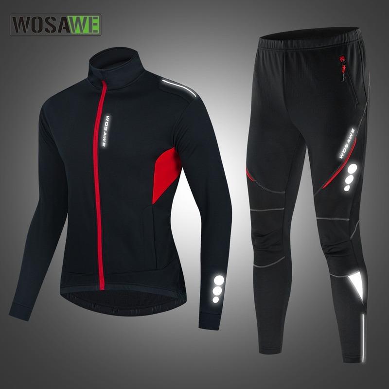 

WOSAWE Men Winter Reflective Cycling Jacket Set Warm Thermal Fleece Windproof Bike Jacket MTB Bicycle Suit Cycling Clothing Sets, Black