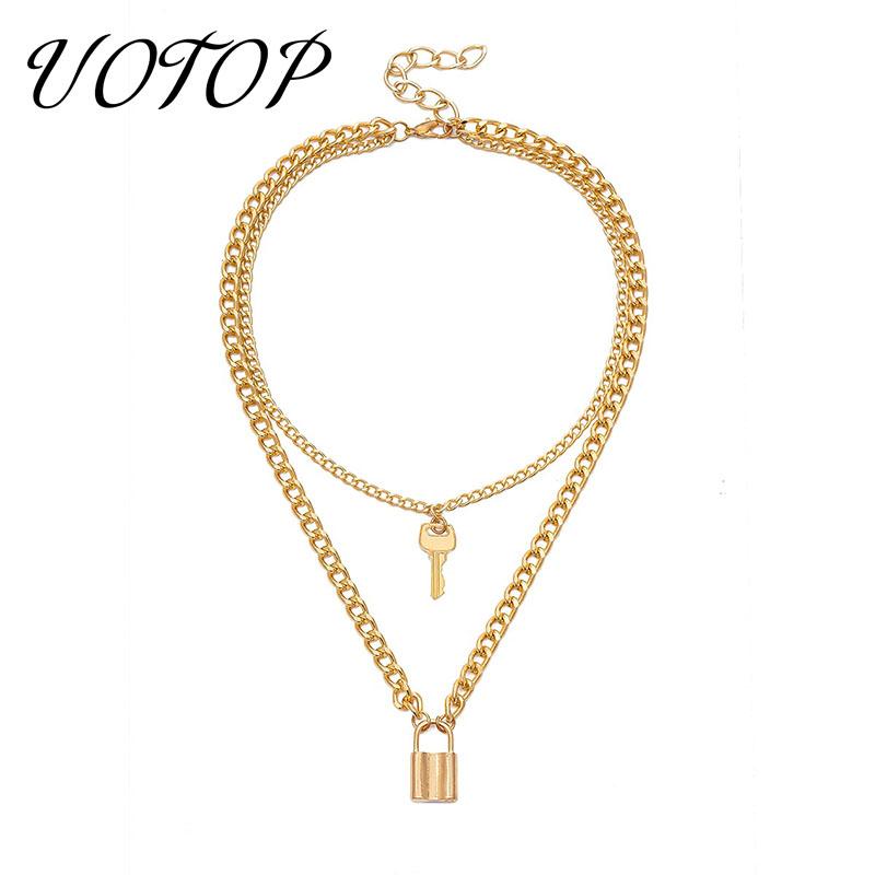 

Pendant Necklaces UOTOP Gold Silver Color Padlock Choker Necklace Collier Women Layered Chunky Chain Key Lock Collares De Moda 2021